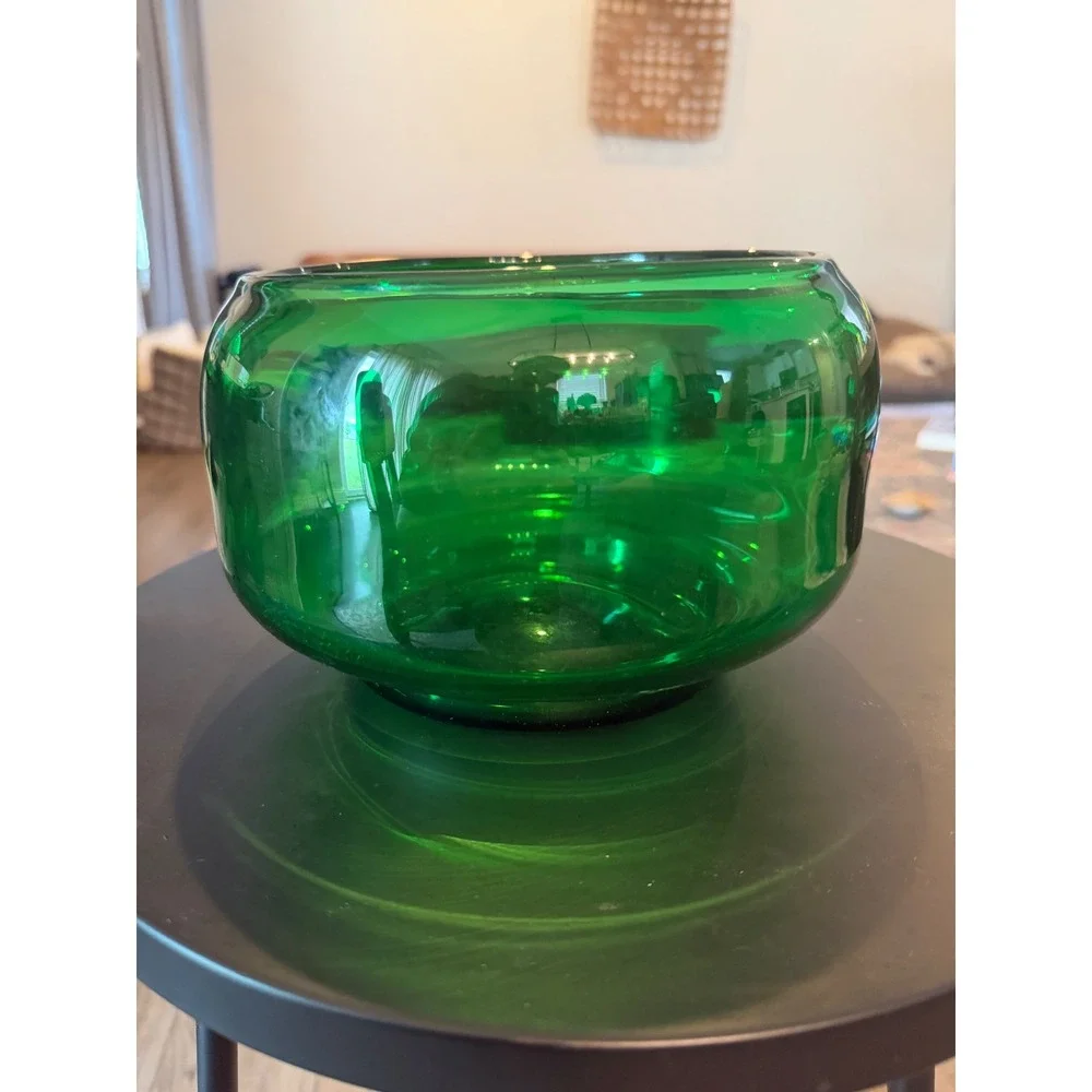 Vintage Mid Century Modern Emerald Green Hand Blown Glass Bubble Bowl Pontil 8x5